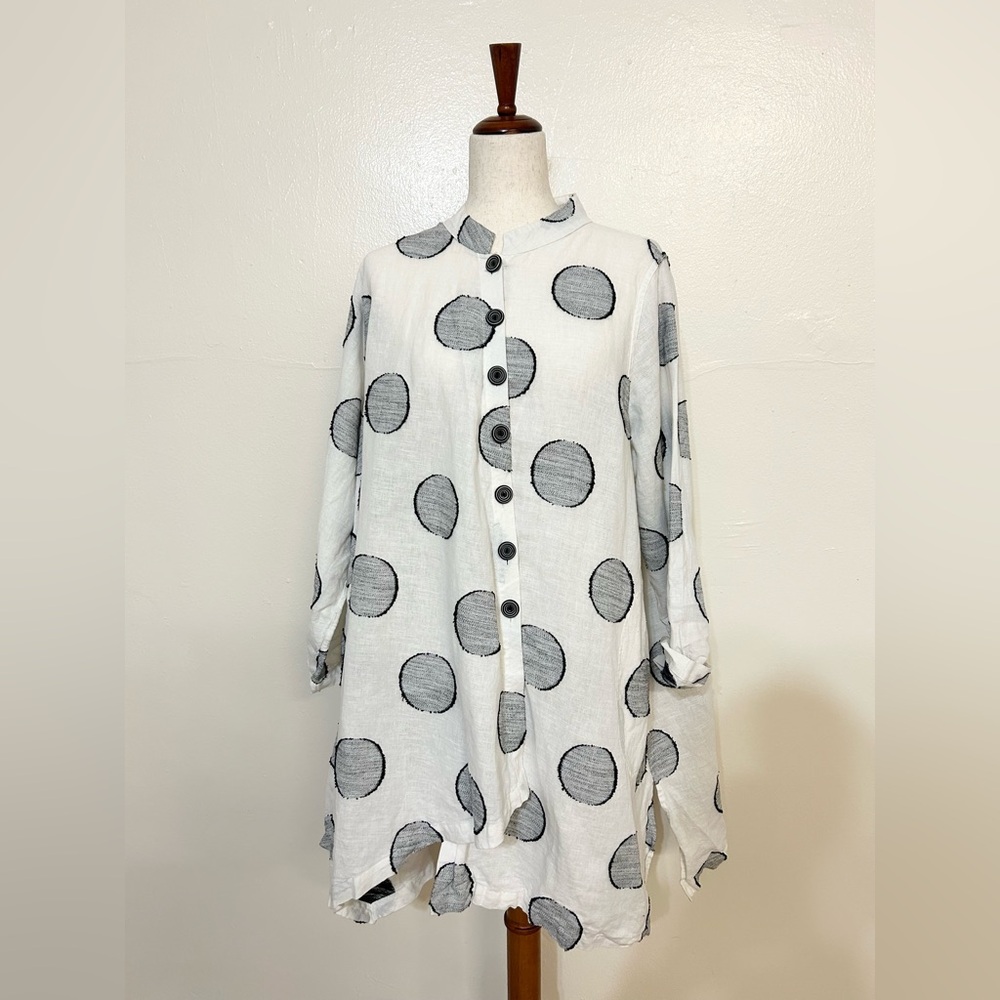 Cheyenne Linen Navy and White Polka Dot Asymmetrical Tunic Blouse Dress